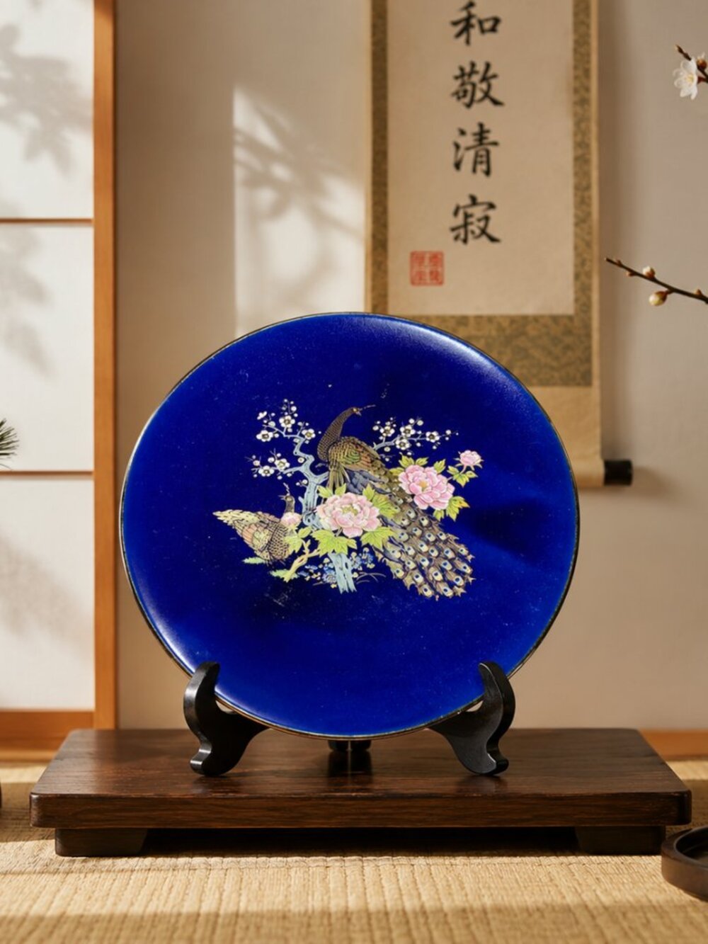 Vintage Cobalt Blue Peacock Decorative Plate Gold Gilt Japan
